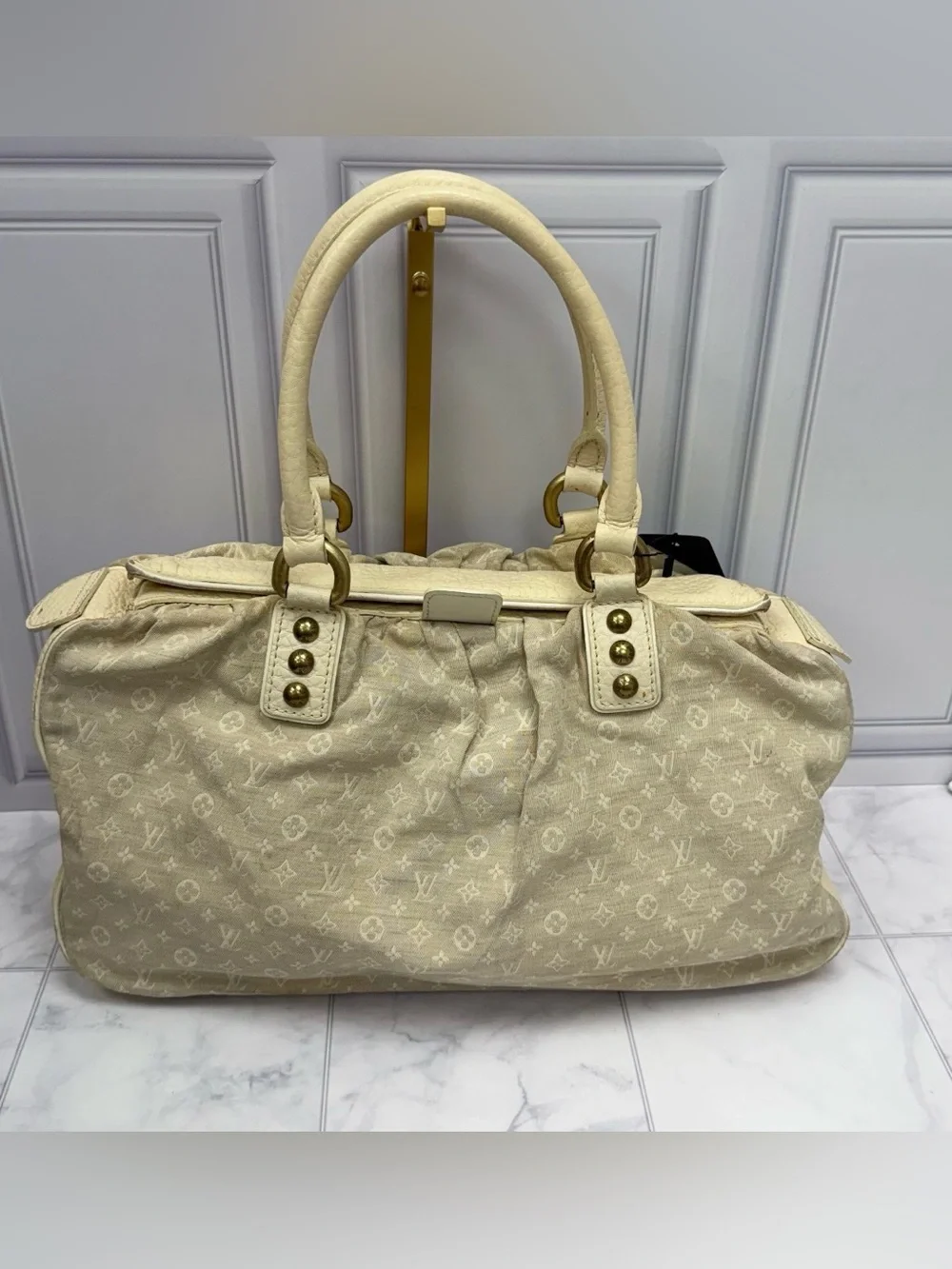 Louis Vuitton Mini Lin Beige Handbag Vintage Authentic w/ Entrupy COA